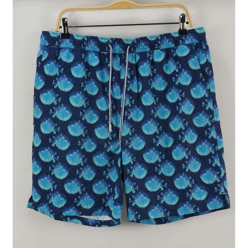 Peter Millar Seaside Swim Trunks Men's Large Puffer Fish Animal Print Lined Blue